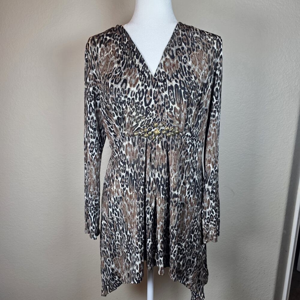 ALBERTO MAKALI Shimmer Leopard Lightweight Stretch Knit Tunic‎ Dress Sz L Y2K